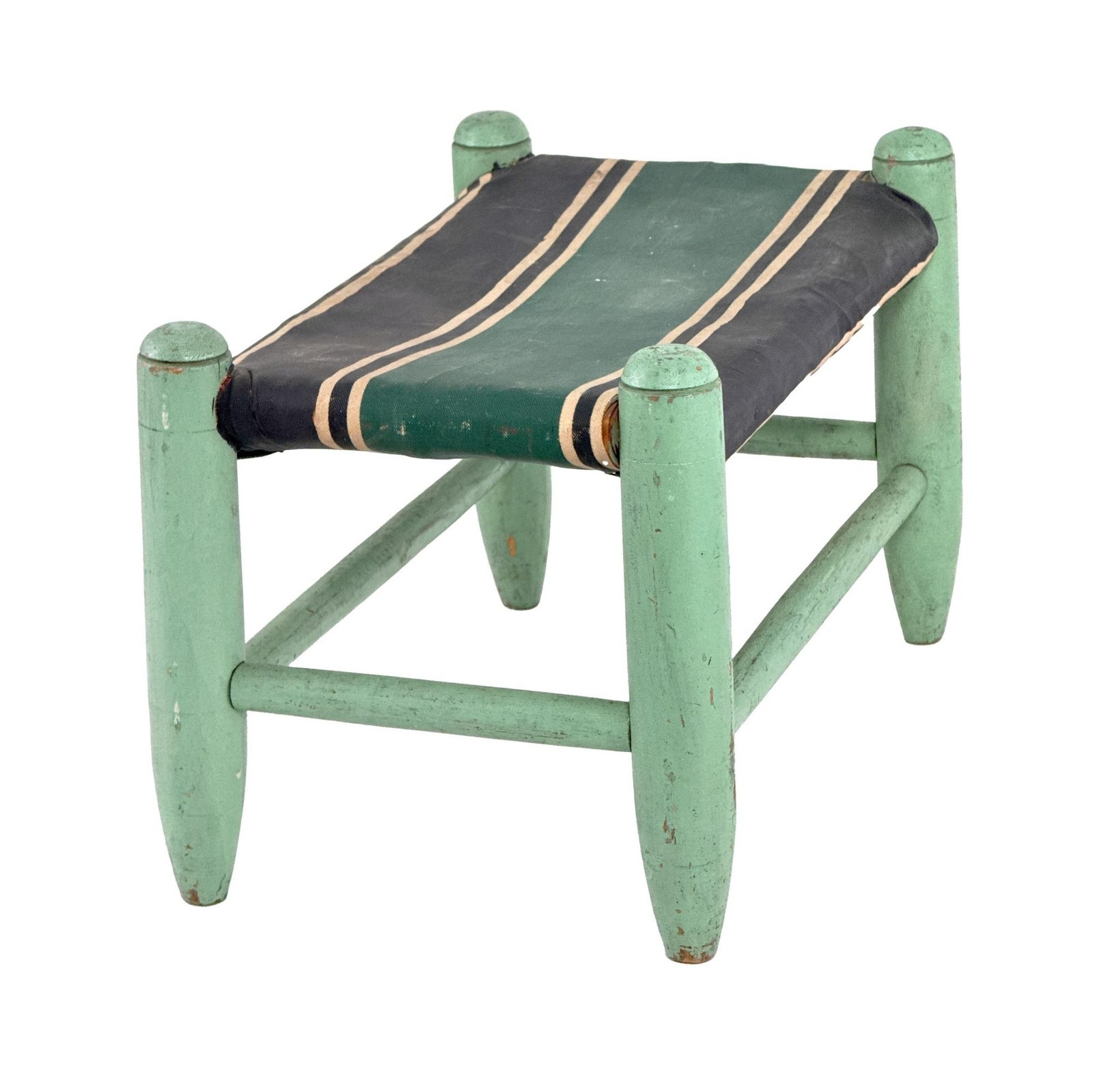 Vtg 30s Turquoise Green Painted Wooden Stool Striped Straw Stuffed Oilcloth Seat