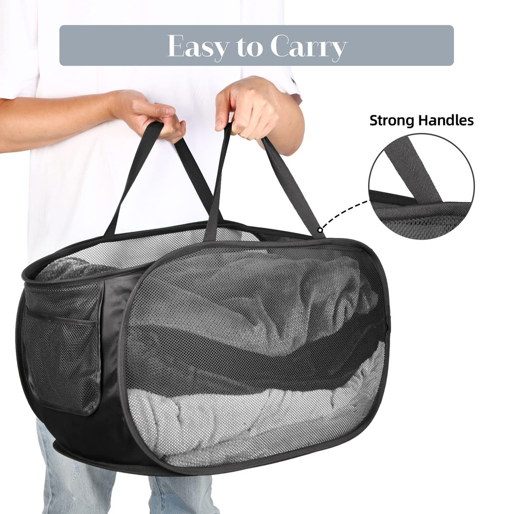 Durable Collapsible Laundry Baskets, Mesh Pop Up Horizontal, Black