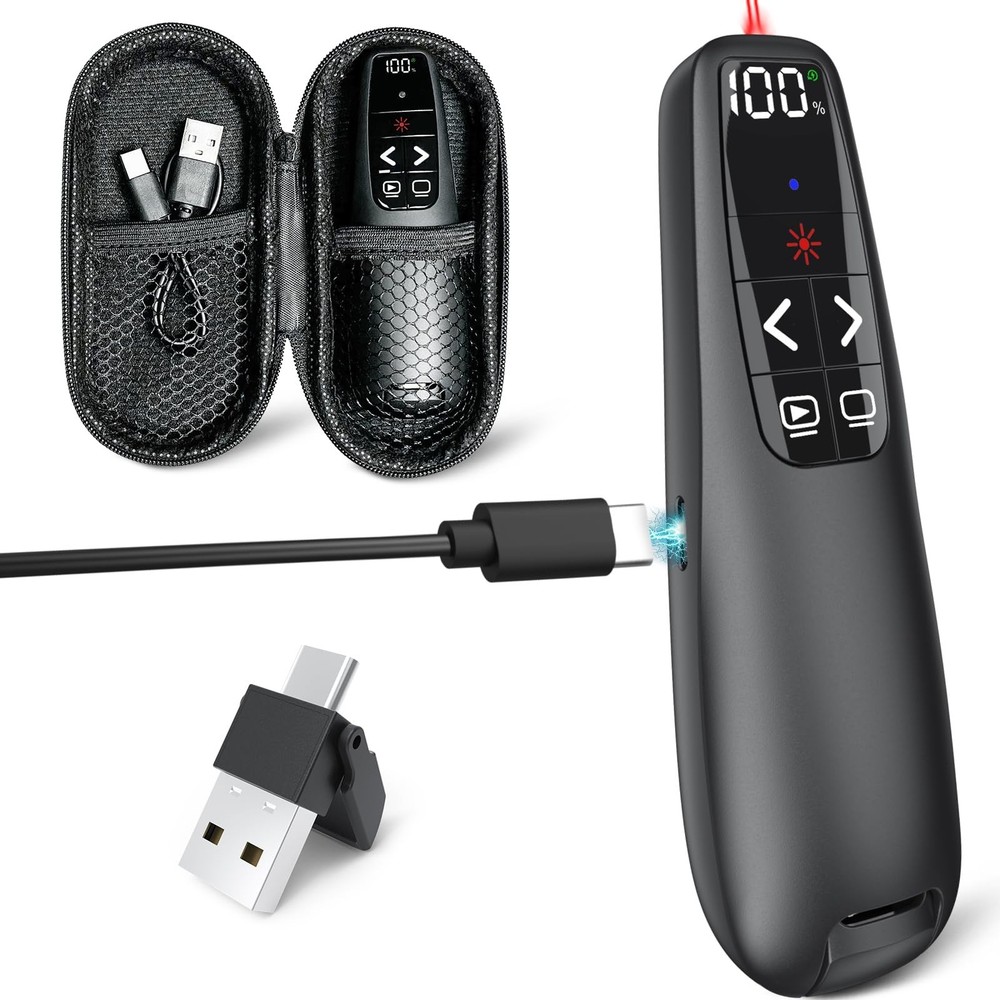 Wireless Presentation Clicker with Case, USB-C Red Laser Pointer for PowerPoint,