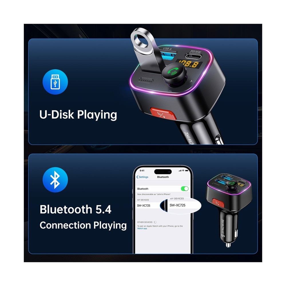 Syncwire Bluetooth 5.4 FM Transmitter Car Adapter 48W (PD 36W & 12W... Fast Ship