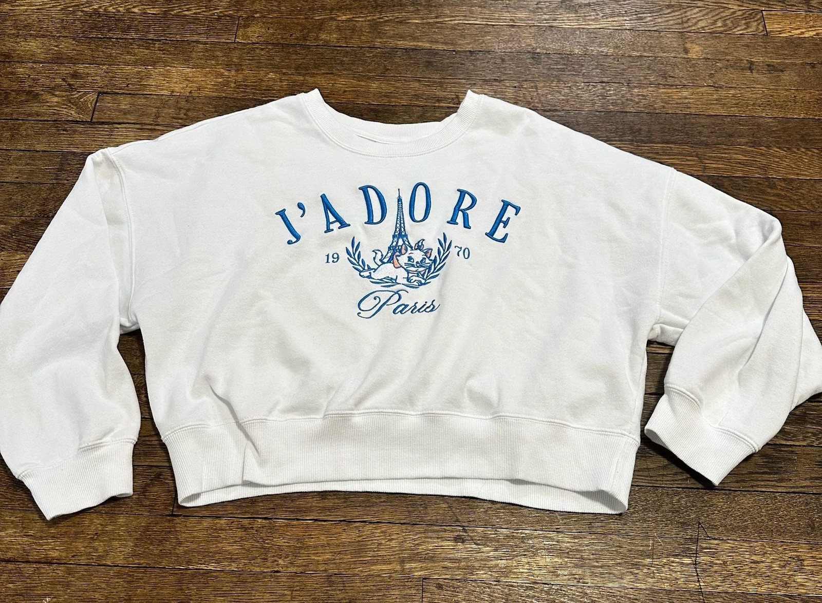 Disney Aristocats Marie J'Adore Paris 1970 Cropped Embroidered Sweatshirt