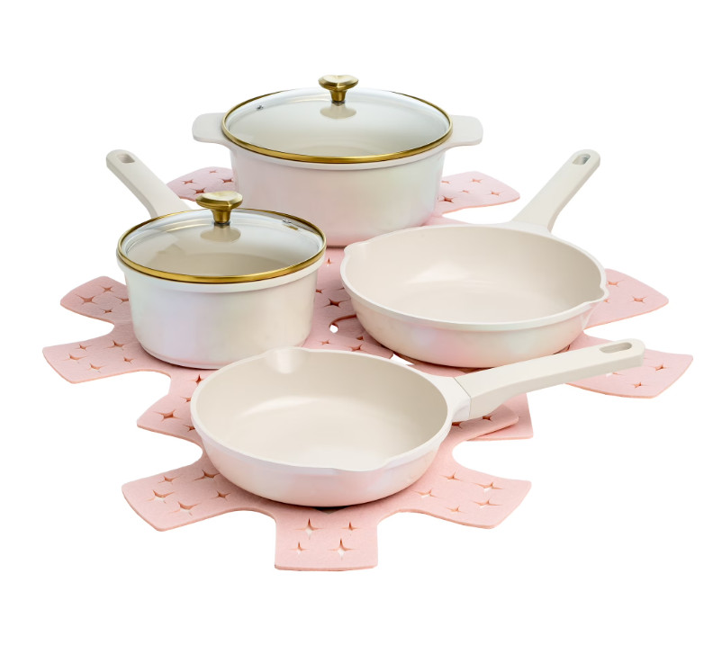 Ceramic Nonstick Cast Aluminum Cookware Set, Iridescent White, Heart Knobs