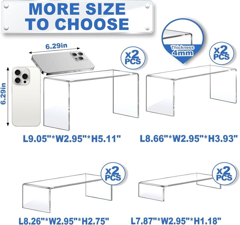 Large Acrylic Risers, 8 Pcs 2 Set(7”L~8”L~9”L) Acrylic Display Set Rectangular S