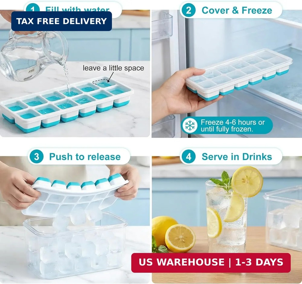 NFK Ice Cube Tray with Lid & Bin - 4 Pack 48 Cubes Stackable Silicone Trays for