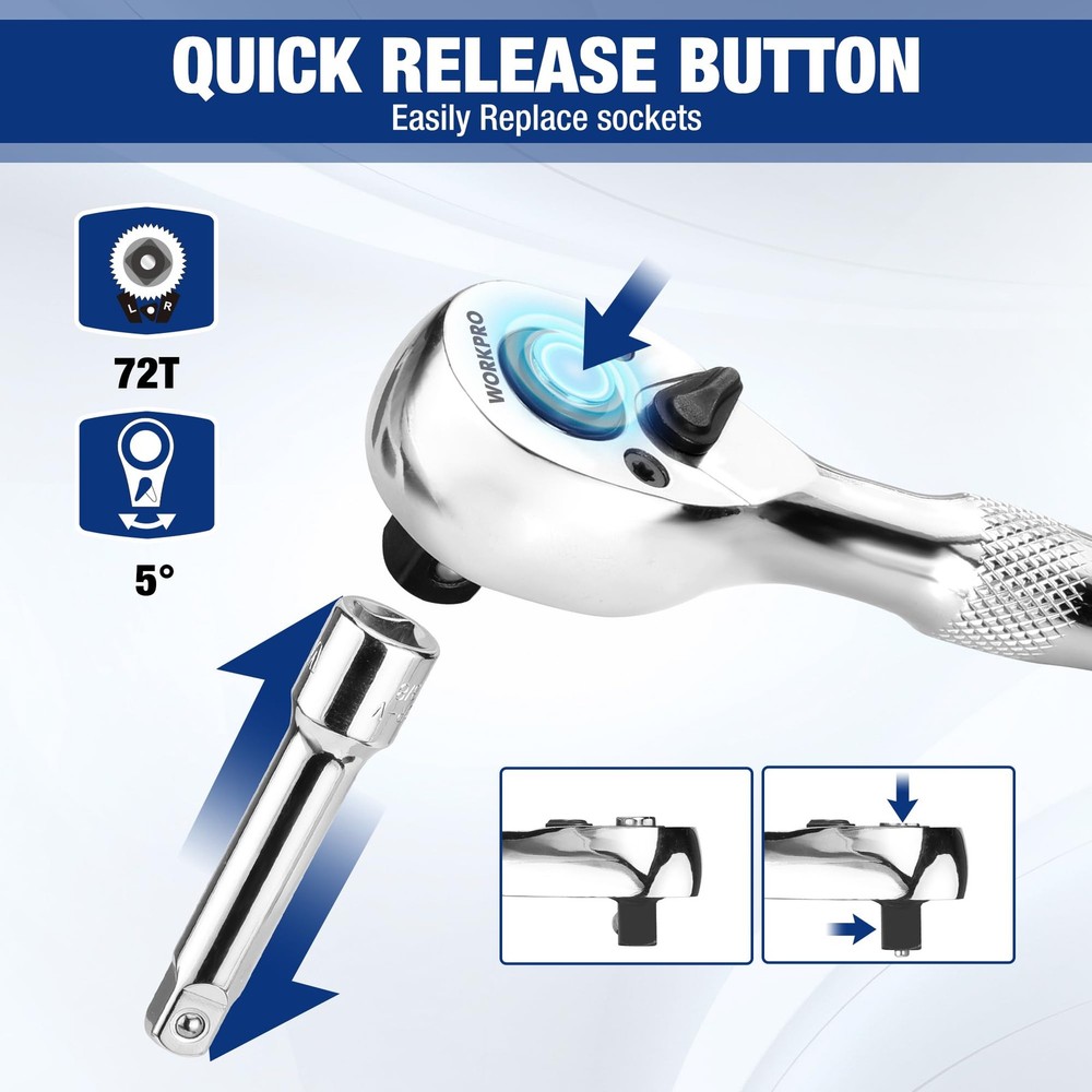 WORKPRO Stubby Ratchet & Bit 16 PCS & Driver Set, Silver