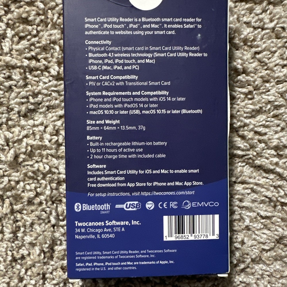 Twocanoes Smart Card Utility Reader BR301, Bluetooth