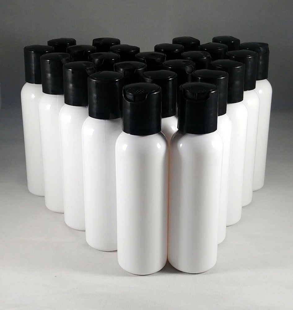 White HDPE 2 oz Cosmo Round Plastic Bottles w Pump Spray or Cap, Mult Quantities