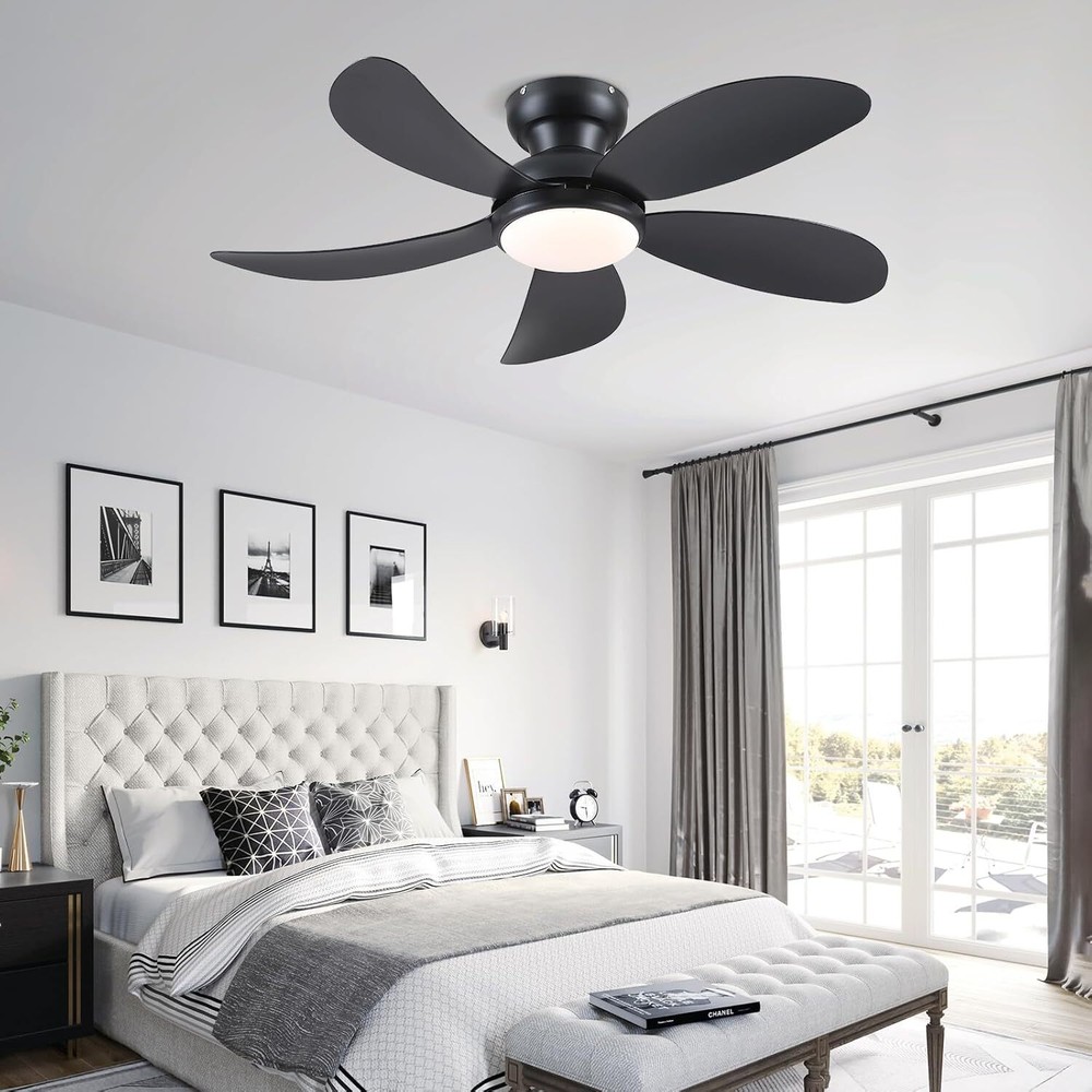 42” Black Low Profile Ceiling Fan with Light and Remote Control, Recessed
