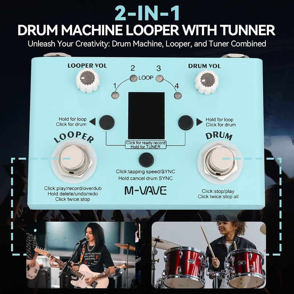 Looper Pedal Drum Machine with Tuner 11-Minute Loop, 30 Preset Drum Patterns,...