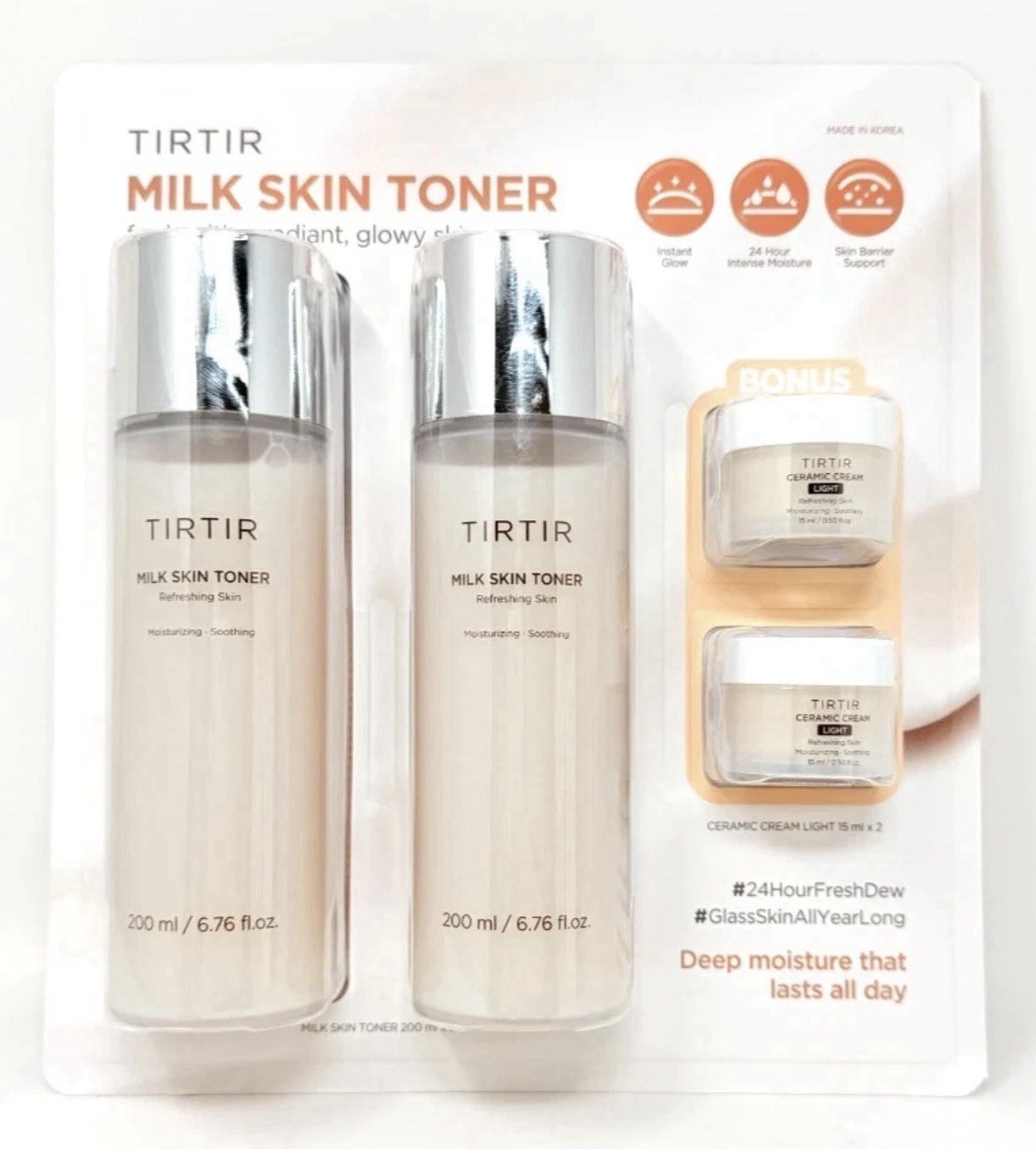 NEW 2 TIRTIR Milk Rice Skin Toner 200ml 6.8 oz + 2 Ceramic Cream 15 ml