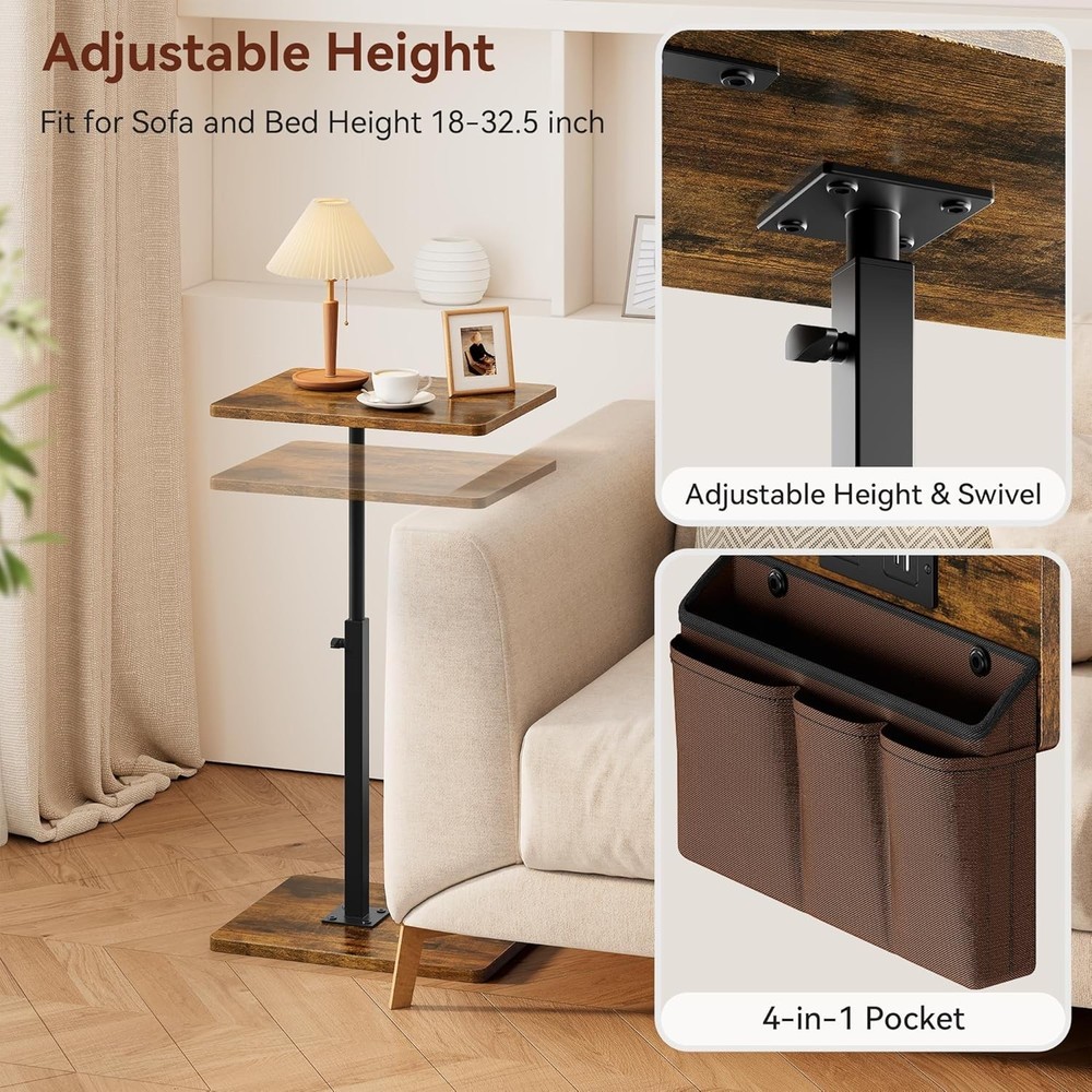 Sofa Armrest Tray Table Couch 360° Swivel Height Adjustable Side Table Small