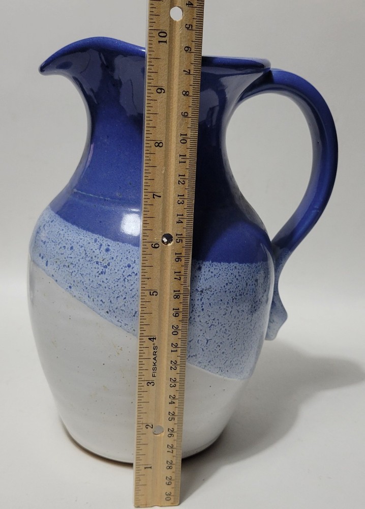 Signed Studio Art Pottery Blue White Pitcher With Twisted Handle