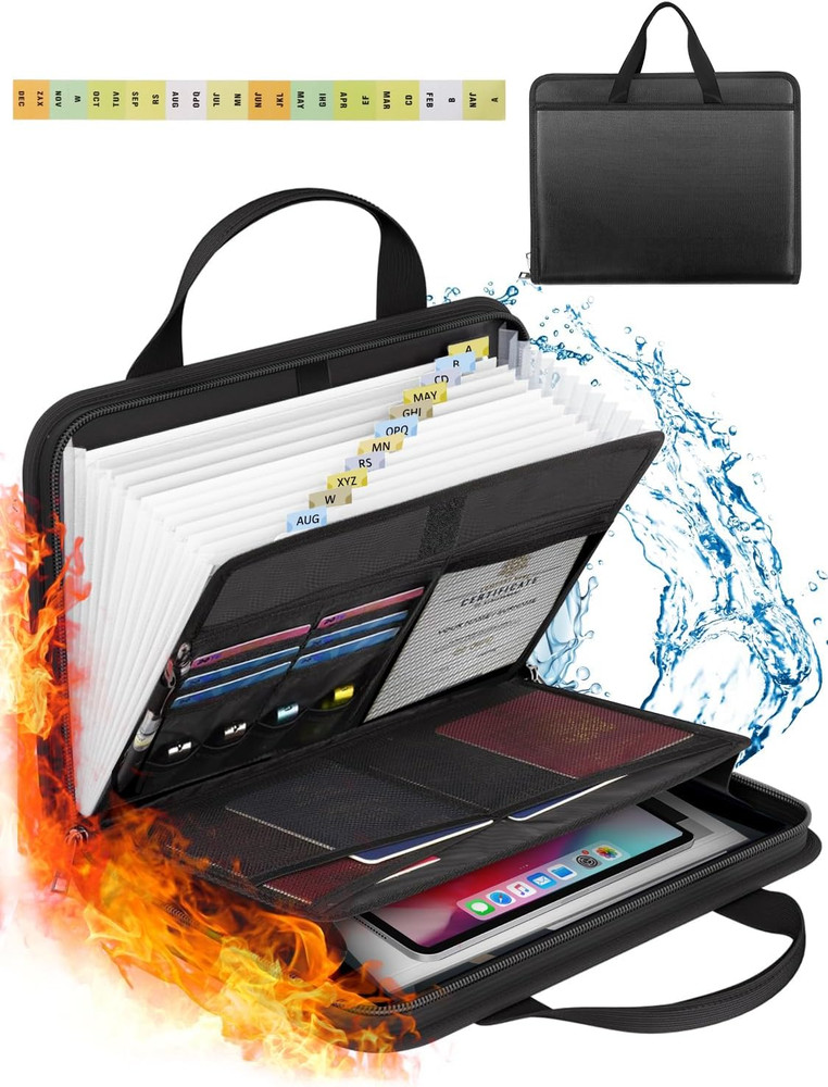 Fireproof Document Organizer Accordion File Folder with Zipper 13 Pockets