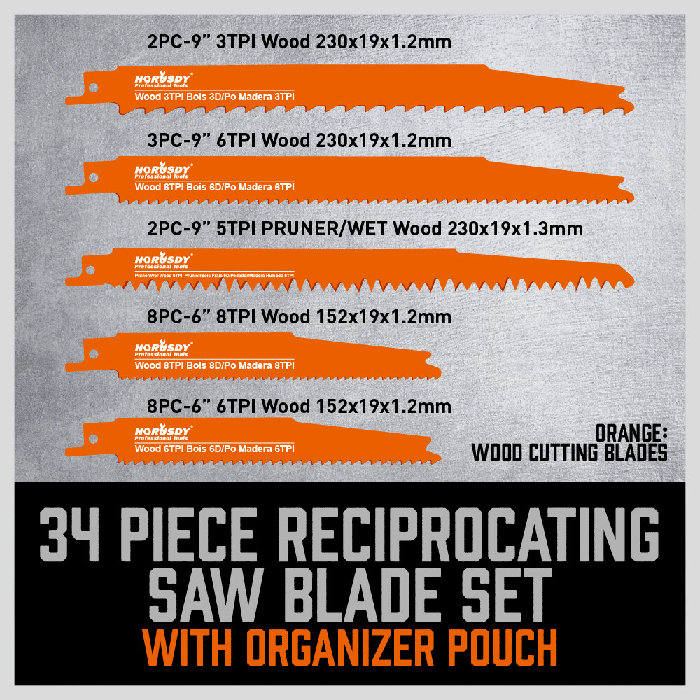 HORUSDY 34PC Metal Reciprocating Saw Blade Set & Wood Pruning Reciprocating Saw