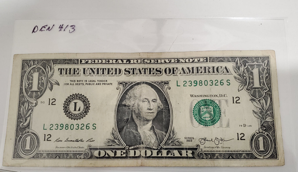 2013 One Dollar Note Over Inked Serial Number, "9"