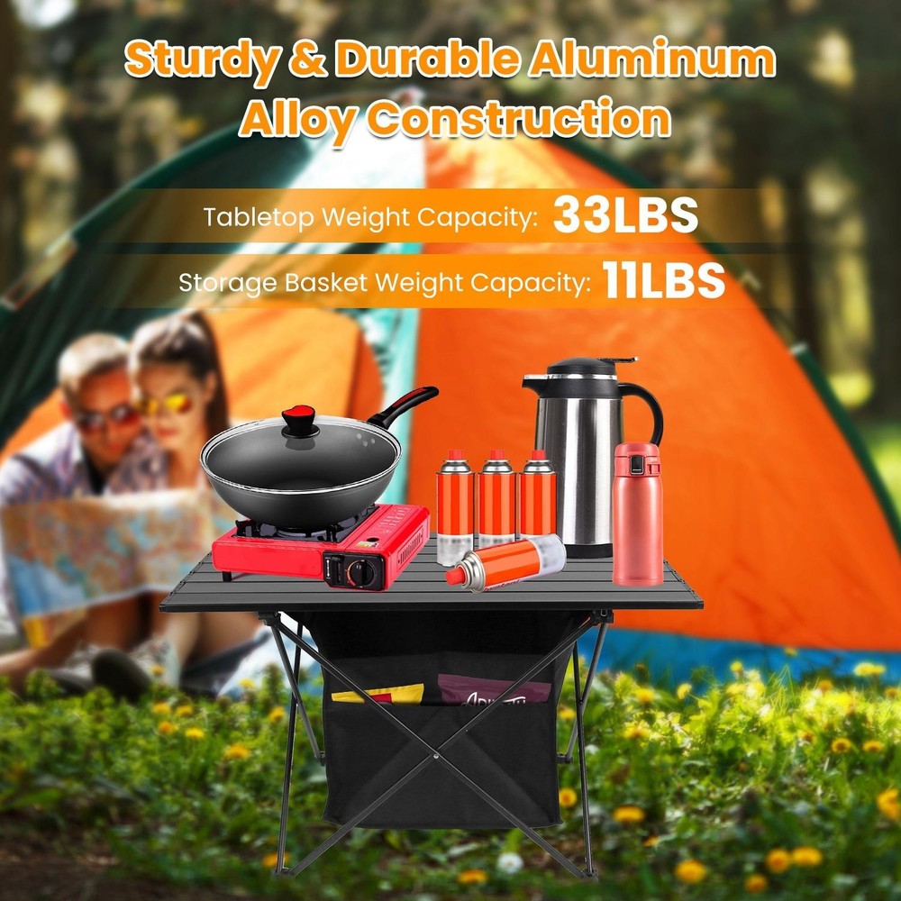 Foldable Camping Table Portable Rustproof Aluminum Alloy Roll-Up Table w/ Basket