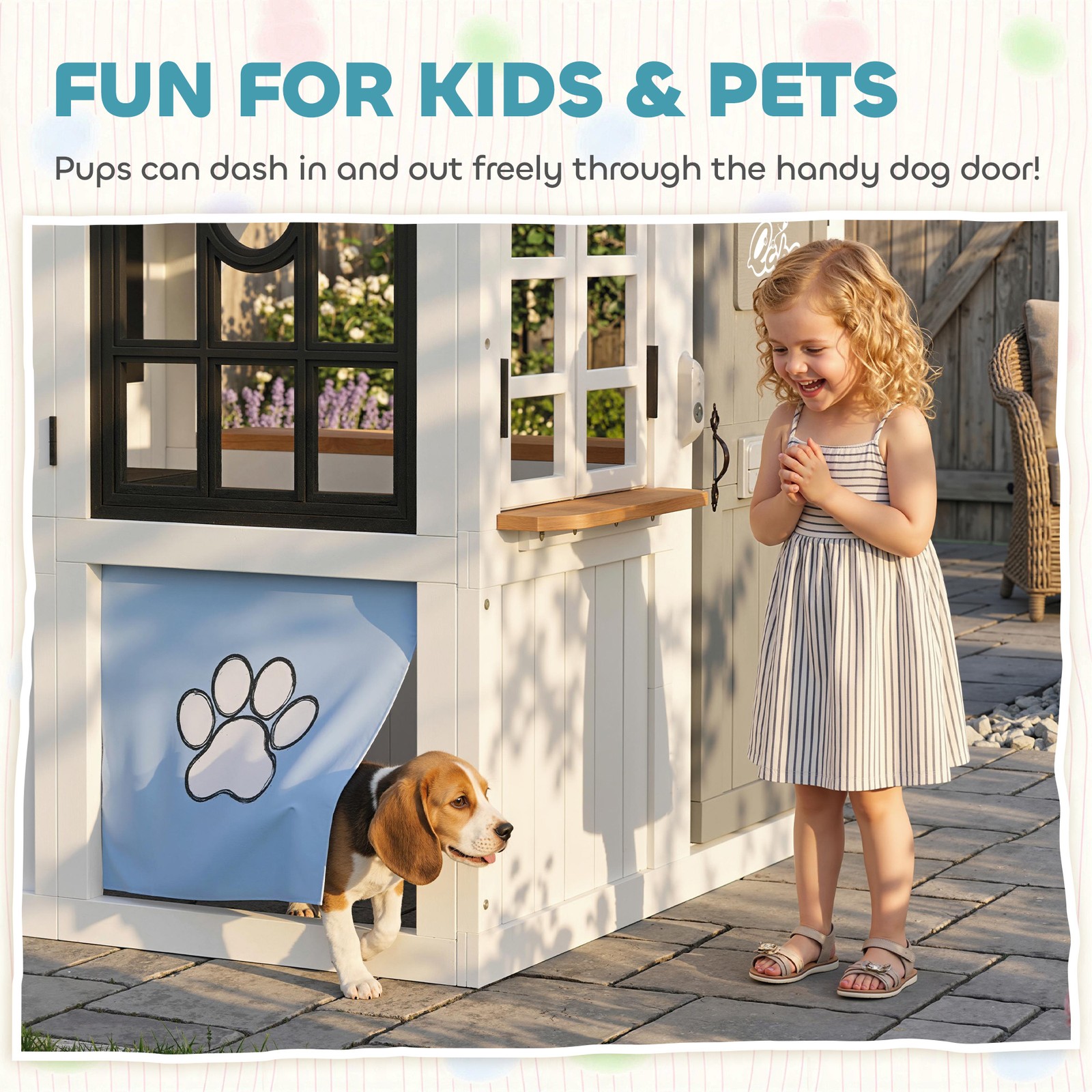 Qaba Outdoor Playhouse, Wooden Kids Playhouse with Dog Door for Garden