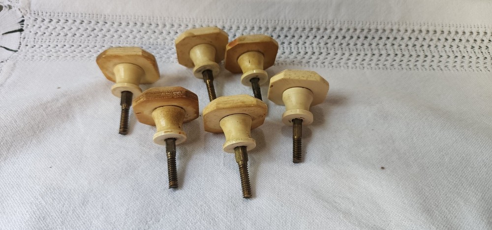 Reclaimed lot of 6 Bakelite Plastic Bone ? knobs hardware Deco drawer pull LOT24