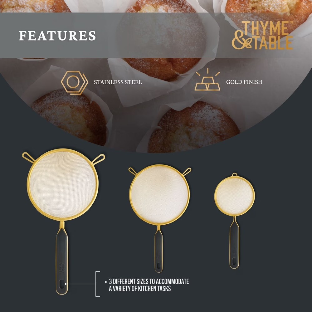 Thyme & Table Gold Mesh Strainer Set 3 Piece Fine Sieve Kitchen Colander