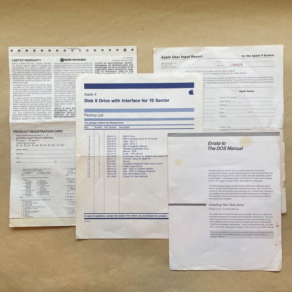 Apple Disk II Drive Packing Lists Warranty Cards User Input Reports Missing Some