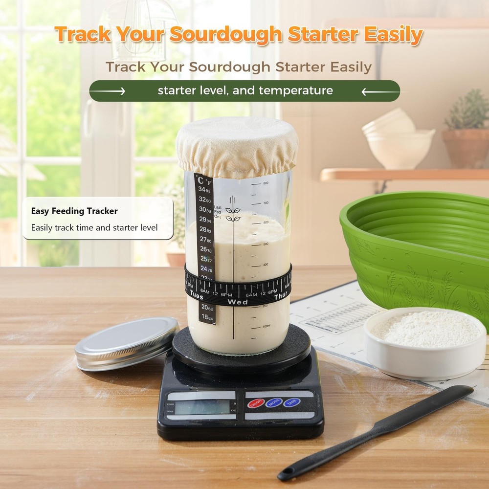 Sourdough Starter Kit for Beginners, 34 oz Starter Jar with Scale Marking, 2 ...