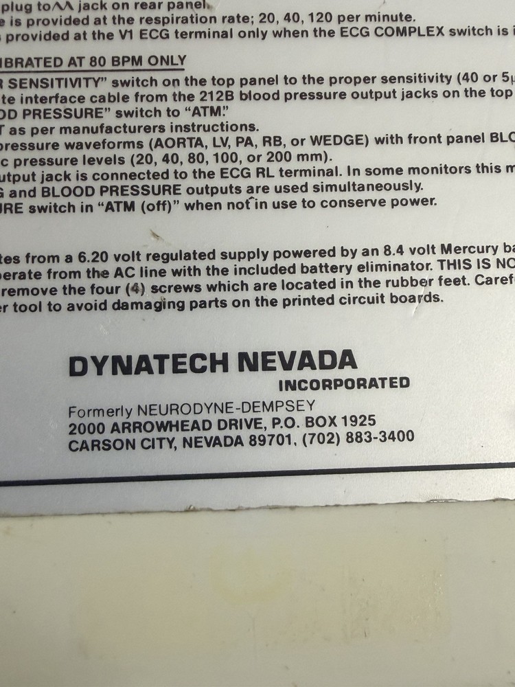 Dynatech Model 212B Patient Simulator: ECG Complex, Respiration, Blood Pressure