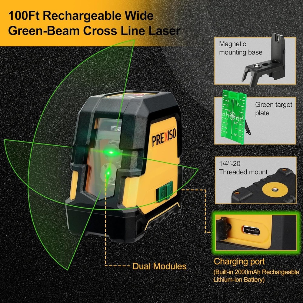 Green Beam Laser Level with Magnetic Base - 100ft Self-Leveling System & Tripod