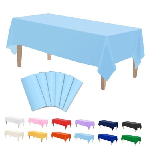 6PCS Plastic Tablecloths 54 x 108 Inch, Rectangle (6 Pack) Light Blue