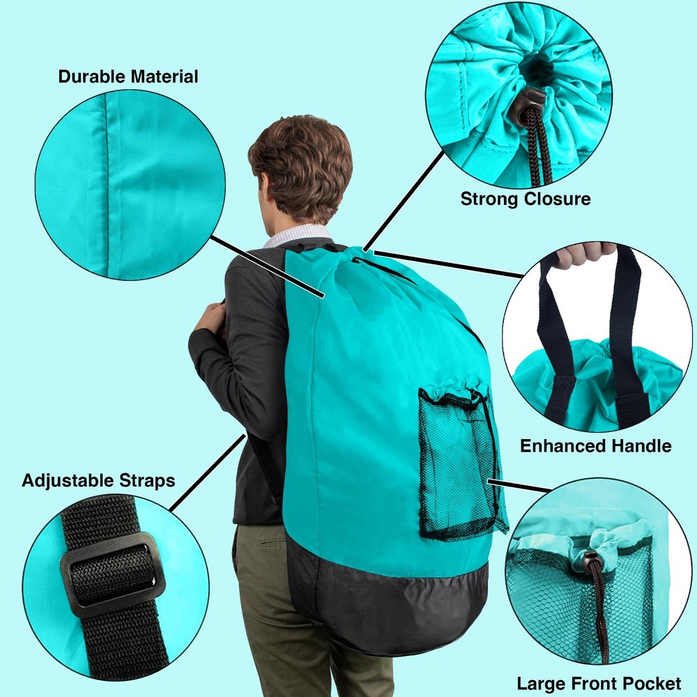Turquoise Laundry Backpack with Mesh Pocket, Adjustable Straps and Drawstring...