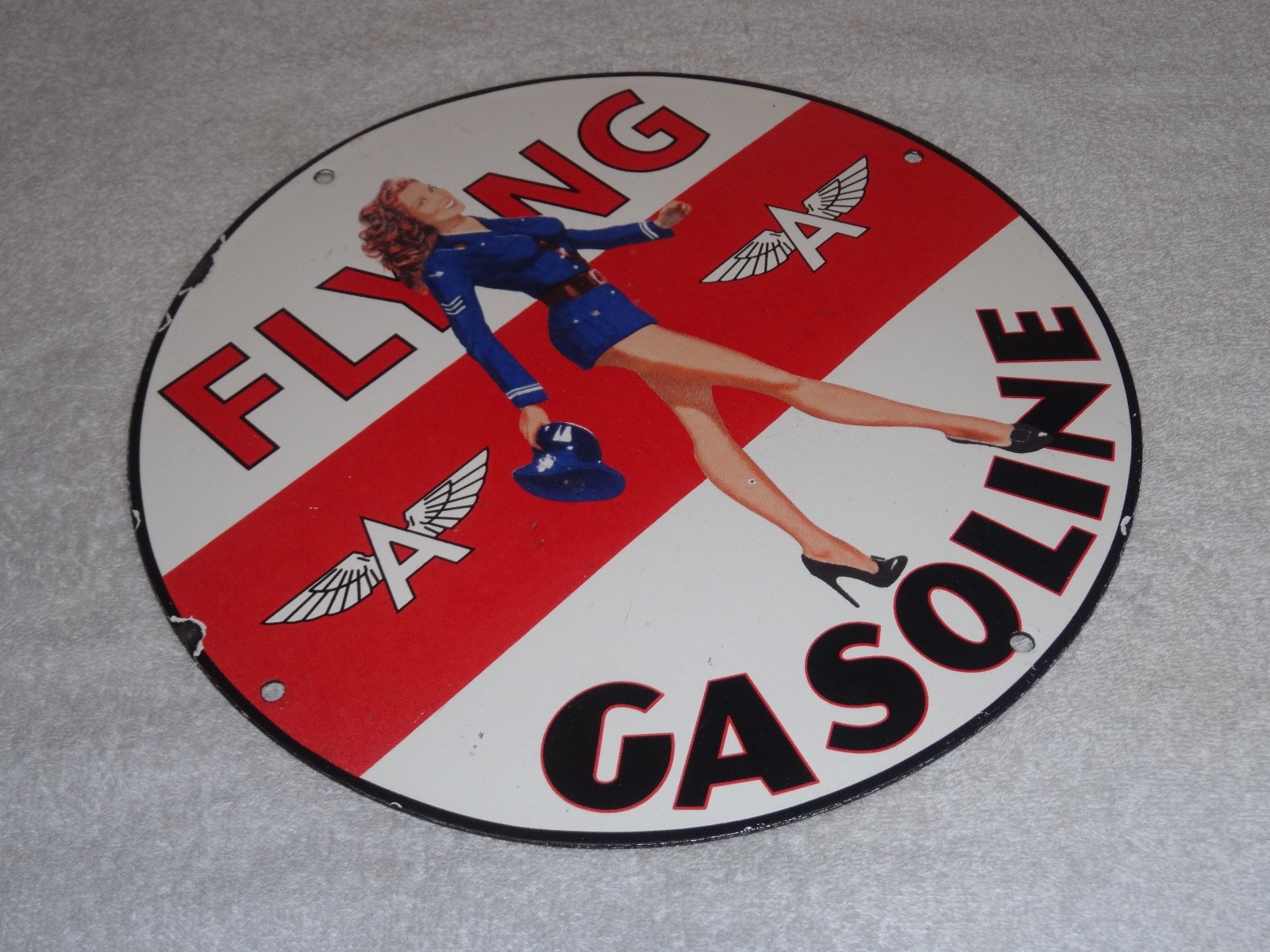 VINTAGE FLYING A AIRPLANE STEWARDESS WOMAN 11 3/4" PORCELAIN METAL GASOLINE SIGN