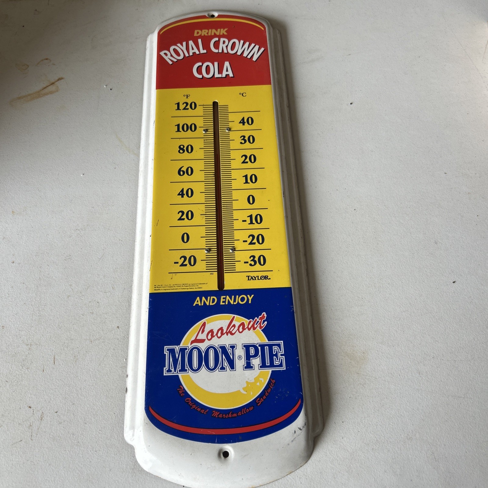 RC & MOON PIE Royal Crown Cola - GIANT SIZE Gas Country Store - Thermometer Sign