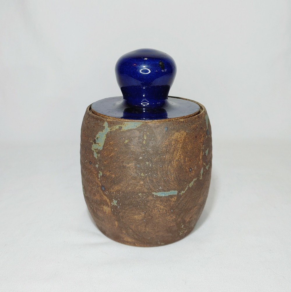 Art Pottery Lidded Jar Decor Piece Partially Glazed Fish Signed