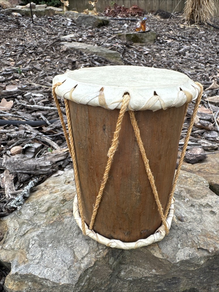Rustic Native American Rawhide Log Drum 7 H x 5.5 W Preowned