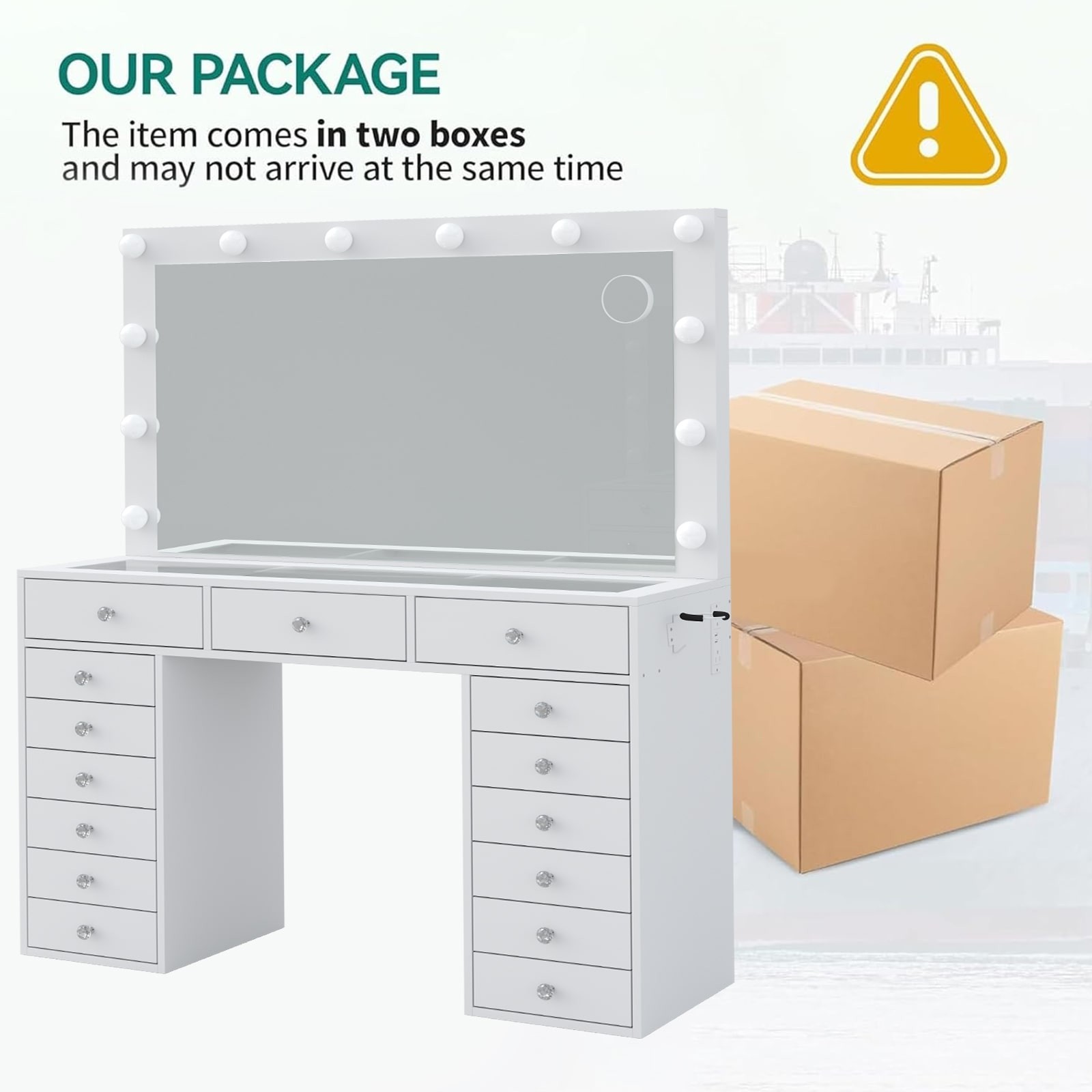 Makeup Vanity with Charging Station, 15 Drawers, HD Mirror, 12 LED Lights