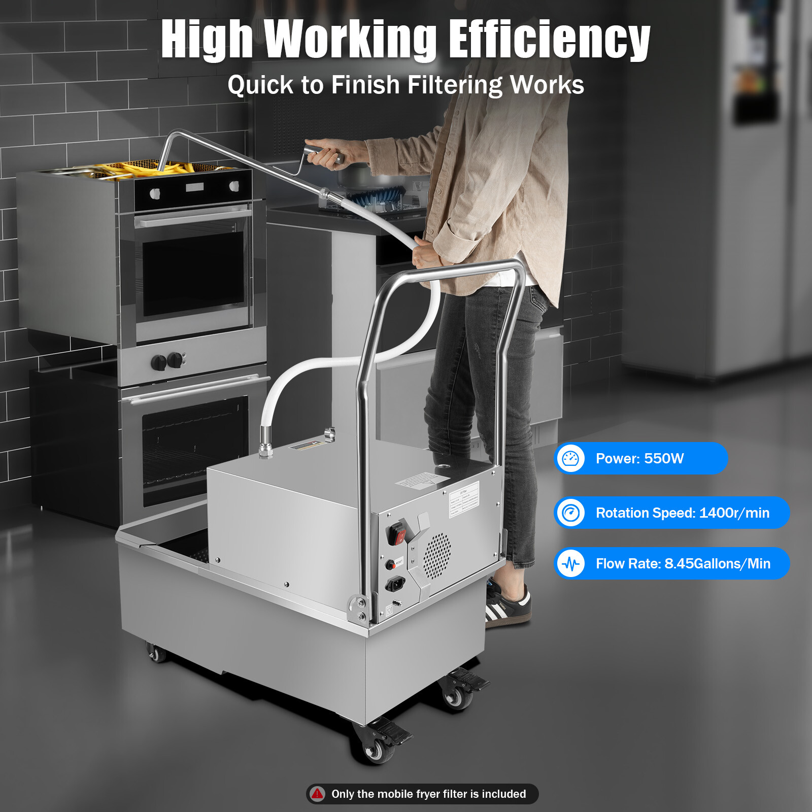 550W Mobile Deep Fryer Filter 55L Commercial Frying Oil Filter System Machine