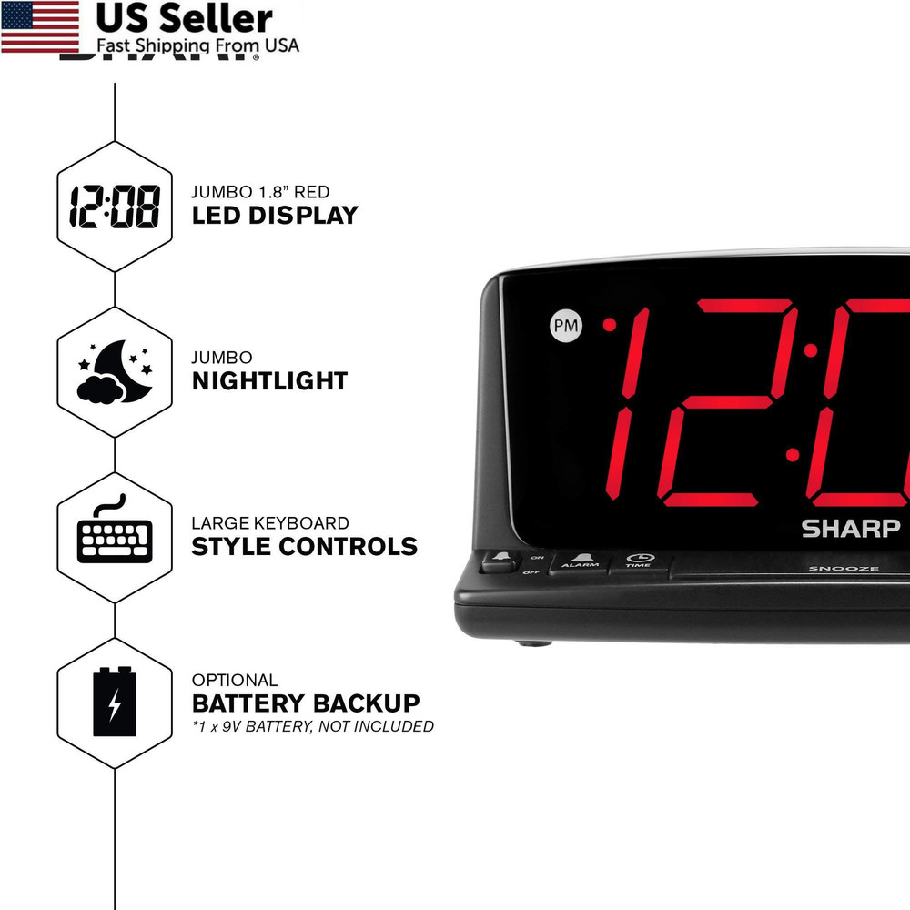 Sharp LED Digital Alarm Clock – Simple Operation - Large, Black - Red Led