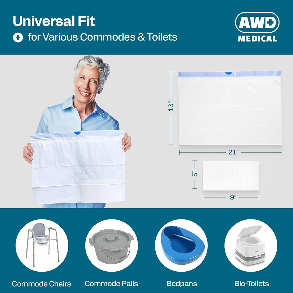 100 PACK - Commode Liners with Absorbent Pads - Adults Commode Bag Compatible wi
