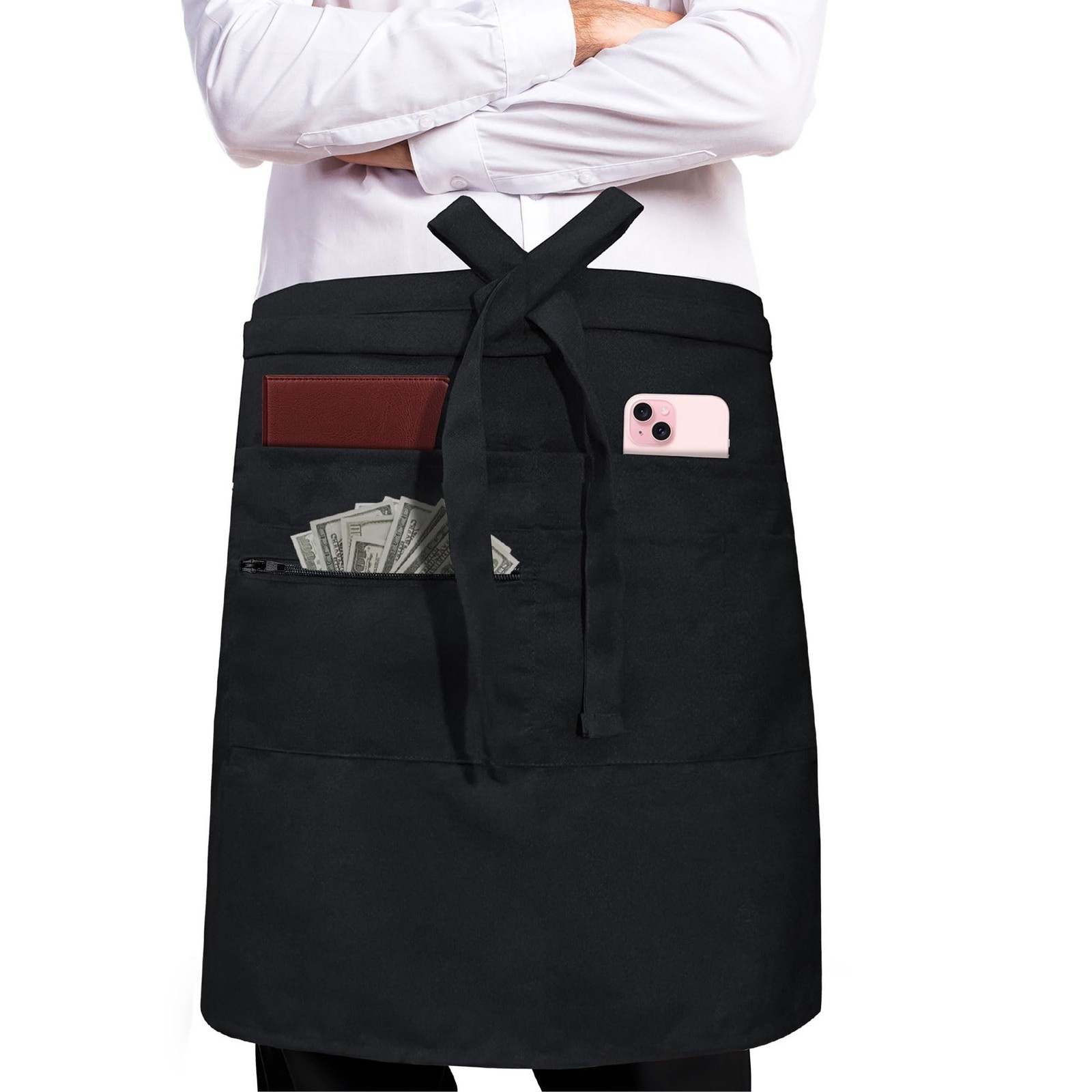 Unisex Bistro Server Apron with Zipper Pocket - Commercial Grade (Black, 24x2...