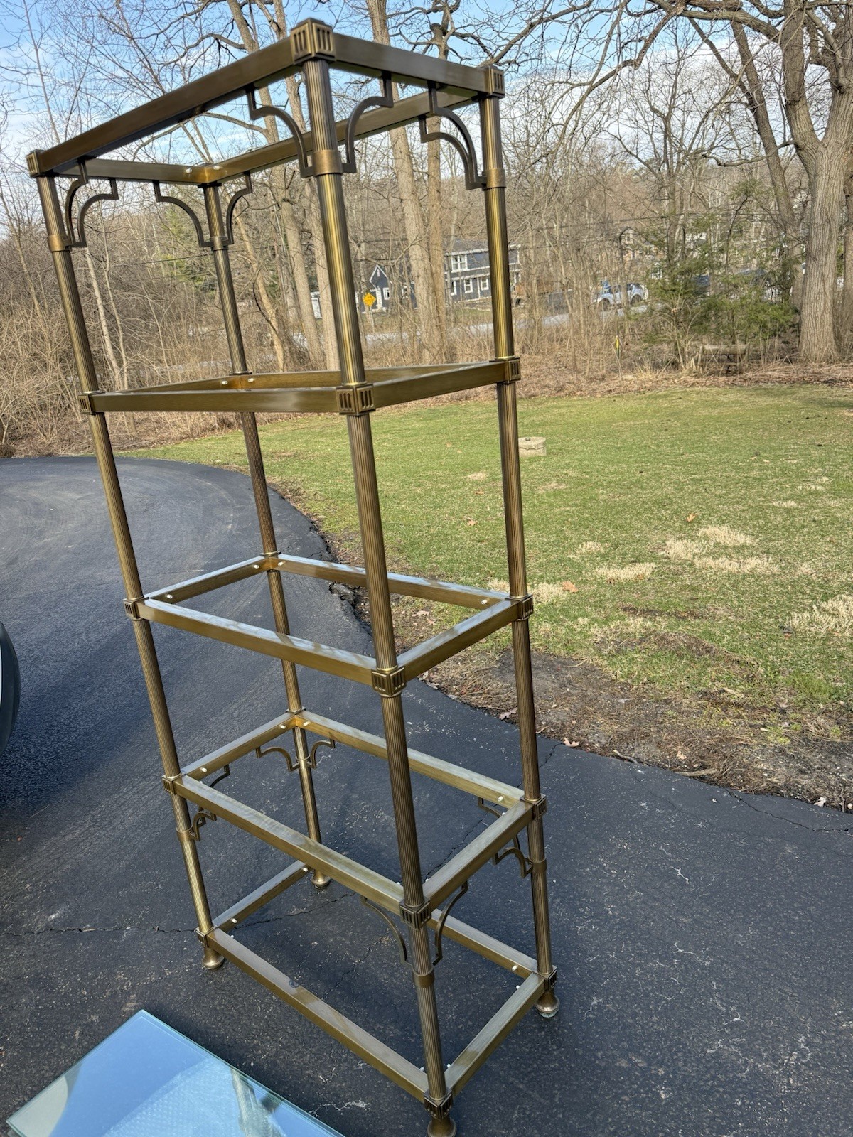 VINTAGE JANSEN STYLE ETAGERES WITH REEDED BRASS AND GLASS
