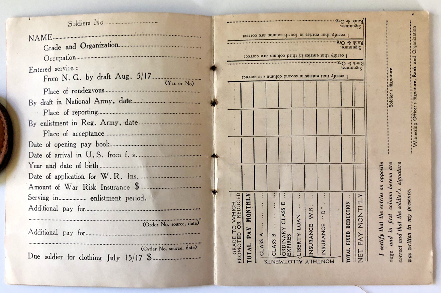 WWI American Expeditionary Forces 1918 Soldier’s Individual Pay Record Book