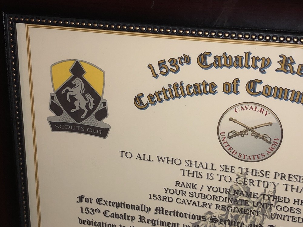 153RD U.S. CAVALRY REGIMENT / COMMEMORATIVE - CERTIFICATE OF COMMENDATION