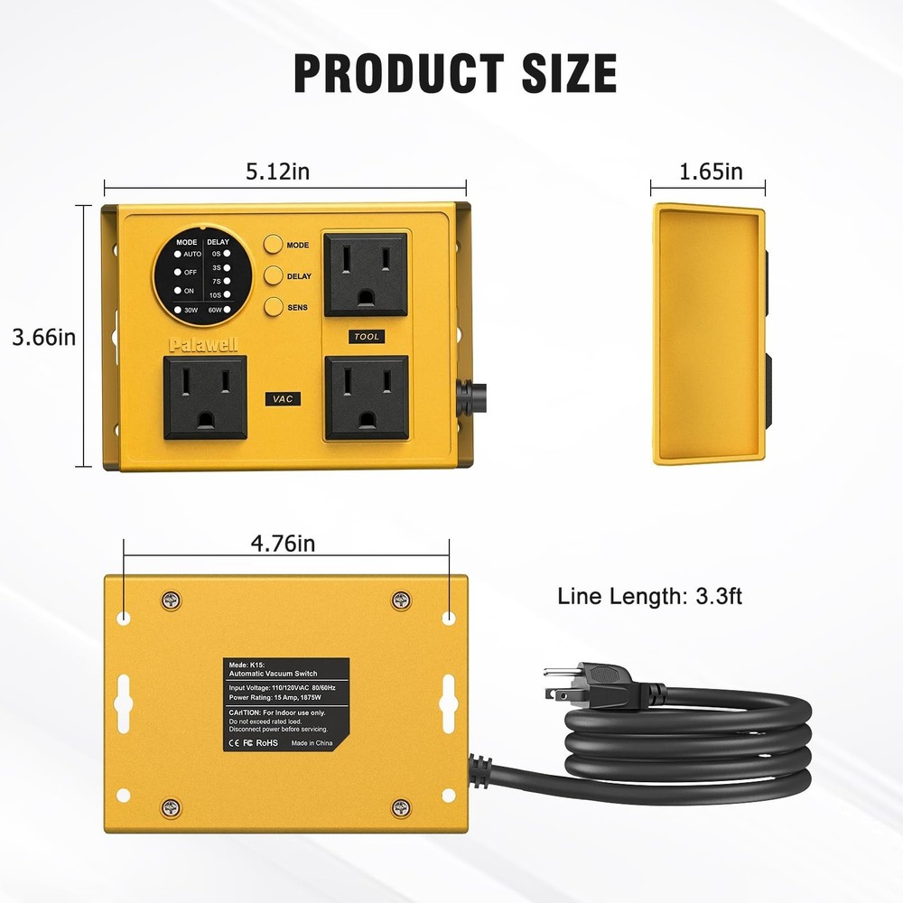 Automatic Vacuum Switch for Power Tools - Adjustable Threshold (30W/60W) & De...