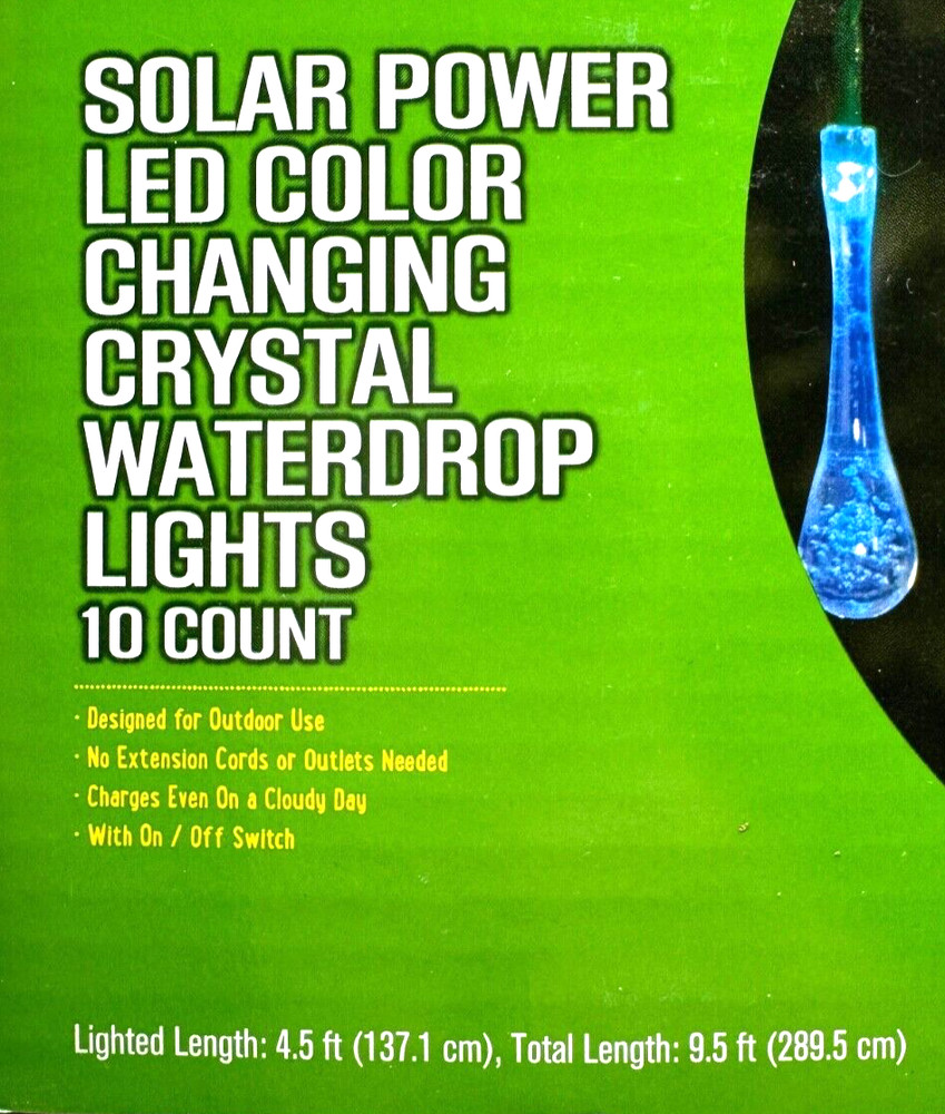 Solar Power LED Color Changing String Lights Crystal Waterdrop 10 Count 9.5ft