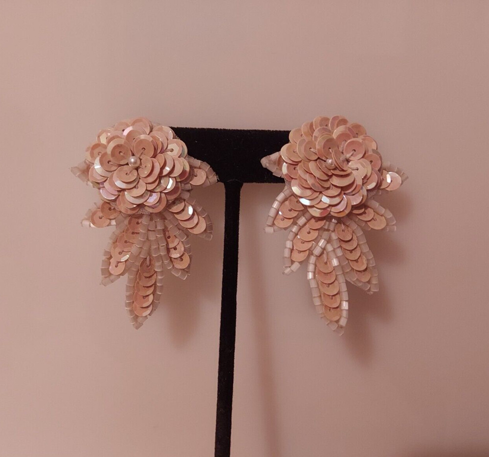 cream sequin posts earrings statement flower leaf design 2 1/8"x 1.5"