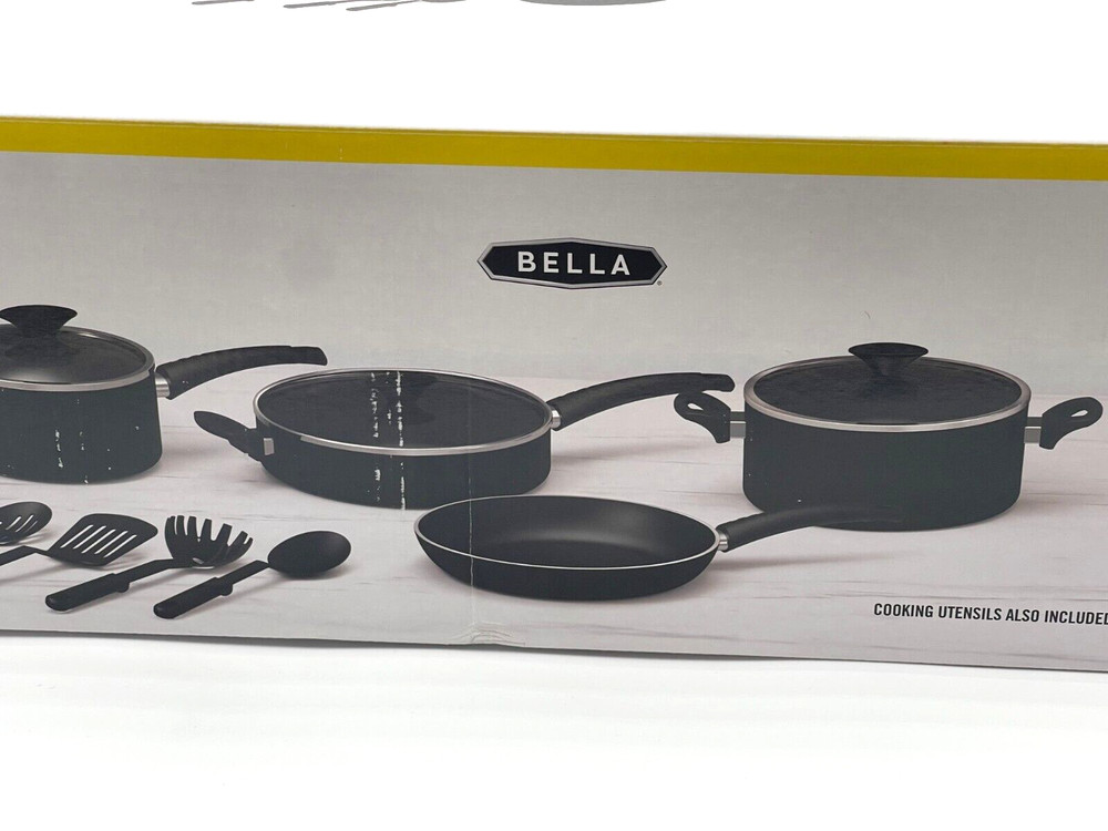BELLA 12 Piece Nonstick Kitchen Essentials Cookware Set black New