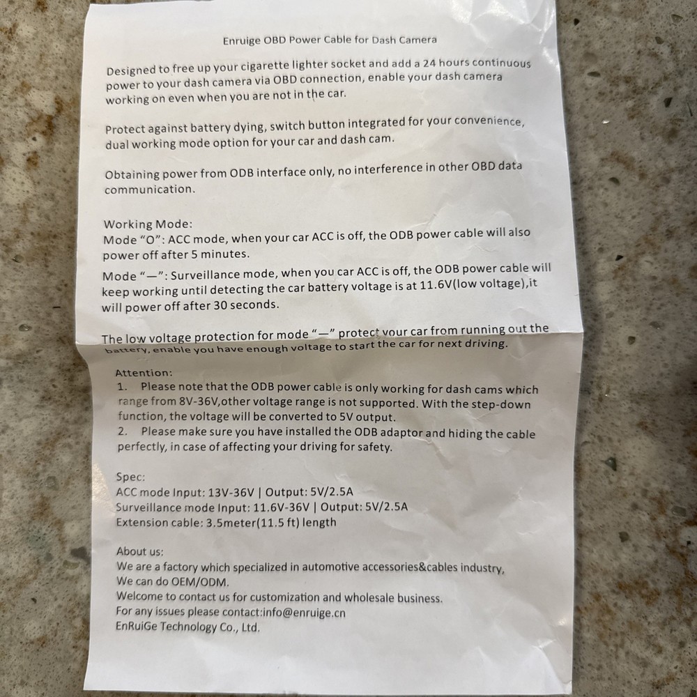 OBD2 Power Cable for Dash Camera, Mini USB to OBD-II