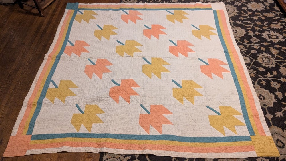Antique Old Hand Stitched Multicolor Textile Maple Leaf Quilt 72"