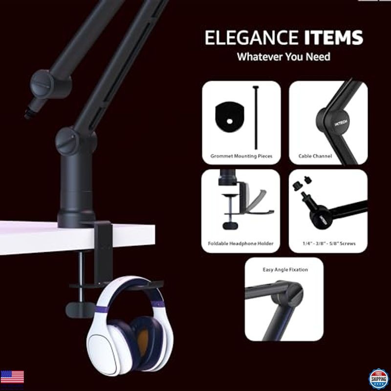 Adjustable Microphone Boom Arm with Desk Mount, 360° Rotatable, Foldable