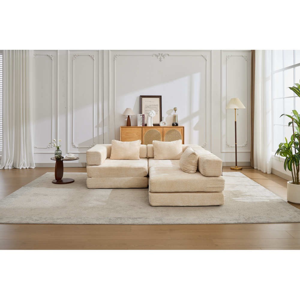 Convertible Floor Sofa Bed w/Fixed Frame, Chenille, Beige, No Assembly