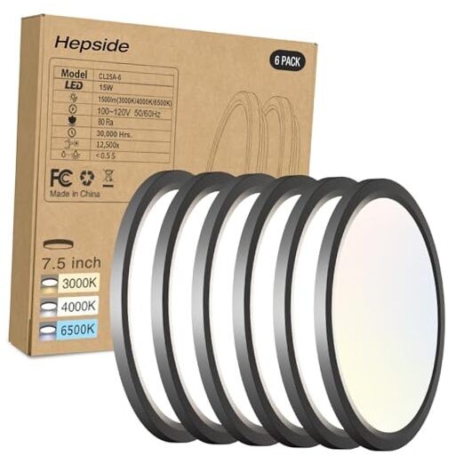6PACK LED Flush Mount Ceiling Light, 3CCT Selectable 3000K 7.5Inch-6pack Black